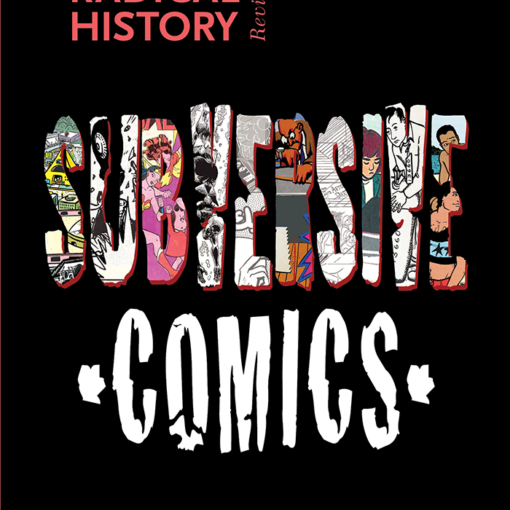 Black-background magazine-style cover titled “RADICAL HISTORY Review” in coral-red text at the top left, with “May 2026 | 155” in small white text at the top right. The center features the large word “JUSTICE,” with each letter filled with different comic-style illustrations in various colors and scenes. Below, the word “COMICS” appears in large, distressed white lettering, flanked by small decorative shapes.